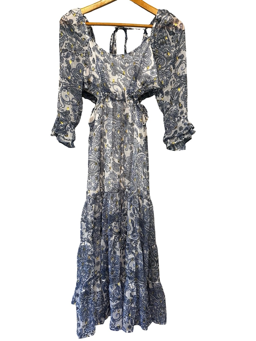 Rahi Juniper Cutout Paisley Dress XS Blue Ruffle Tiered Midi 3/4 Sleeve Boho